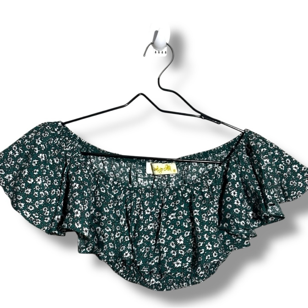 Indigo Child Teal and White Ditsy Floral Print Ruffled Off Shoulder Crop Top - Picture 15 of 16